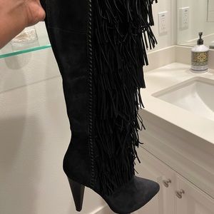 Black Suede Over The Knee Fringe Boots